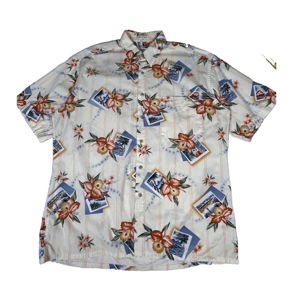 VTG Pierre Cardin Hawaiian style Cotton Orchid Floral Aloha Shirt Men's Sz L